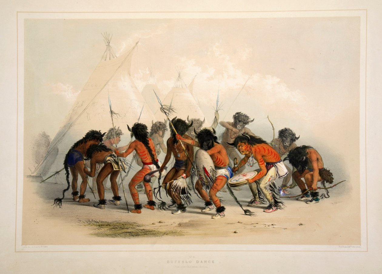 Buffalo Dance, pubi. 1845 värilitografia. tekijältä George Catlin