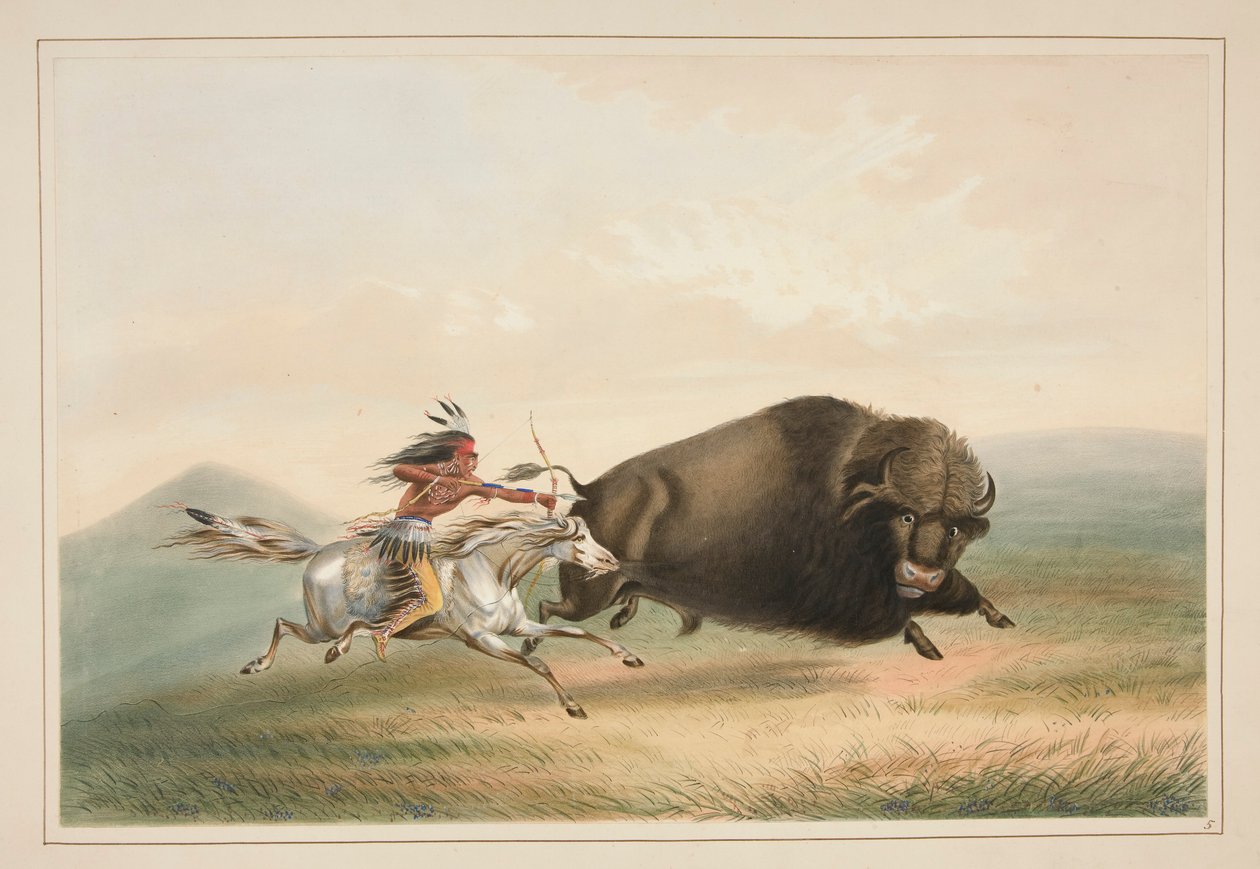 Buffalo Hunt, Chase, pl. 5 Pohjois-Amerikan intiaaniportfoliosta tekijältä George Catlin