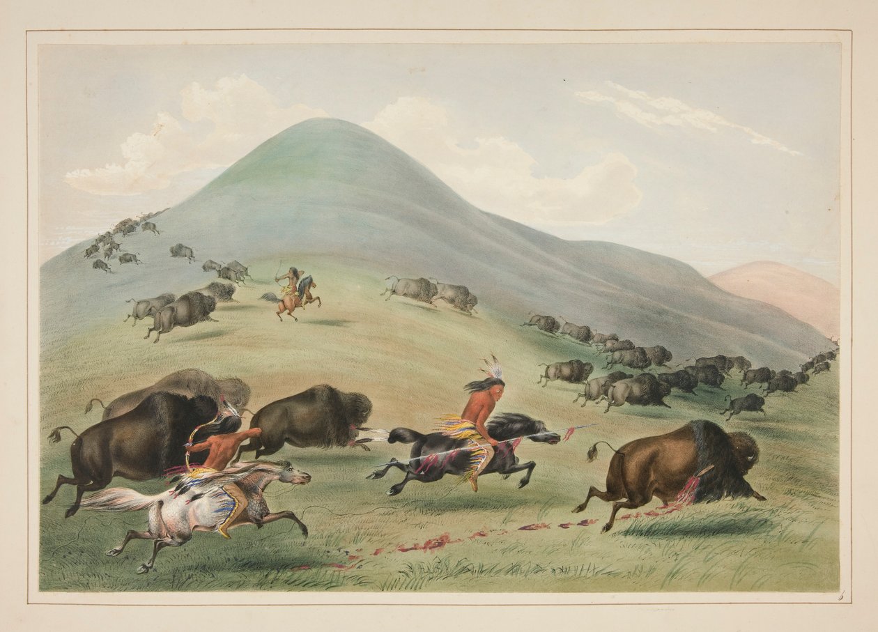 Buffalo Hunt, Chase, pl. 6 Pohjois-Amerikan intiaaniportfoliosta tekijältä George Catlin
