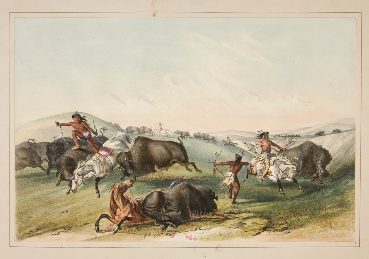 Buffalo Hunt, Chase, pl. 7 Pohjois-Amerikan intiaaniportfoliosta tekijältä George Catlin