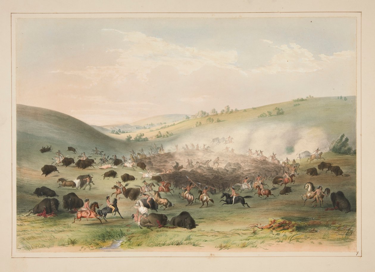 Buffalo Hunt, Surround, pl. 9 Pohjois-Amerikan intiaaniportfoliosta tekijältä George Catlin