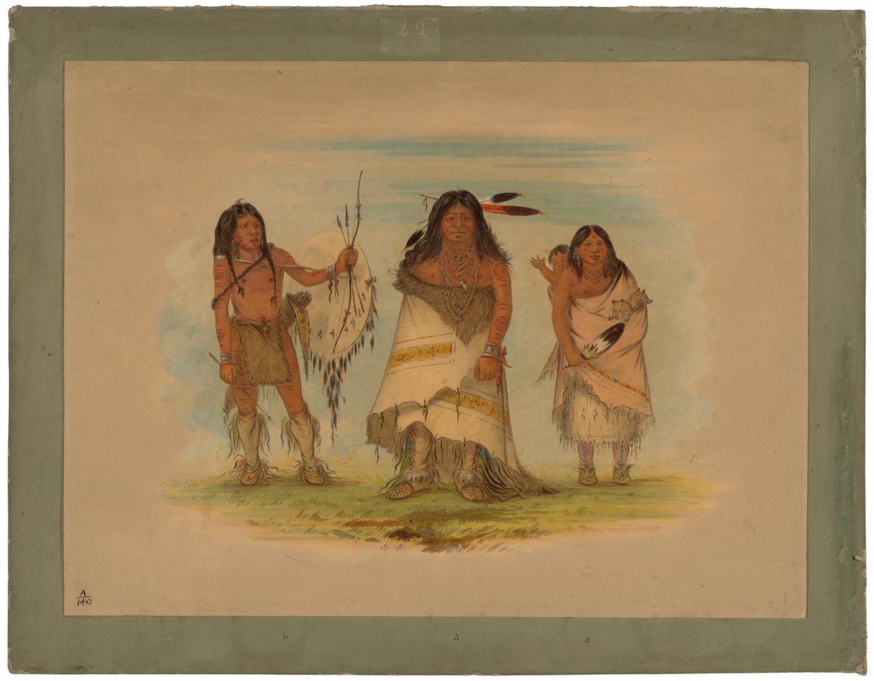 Camanchee-päällikkö, hänen vaimonsa ja soturi, 1861 (öljy kartongille kiinnitettynä kartongille) tekijältä George Catlin