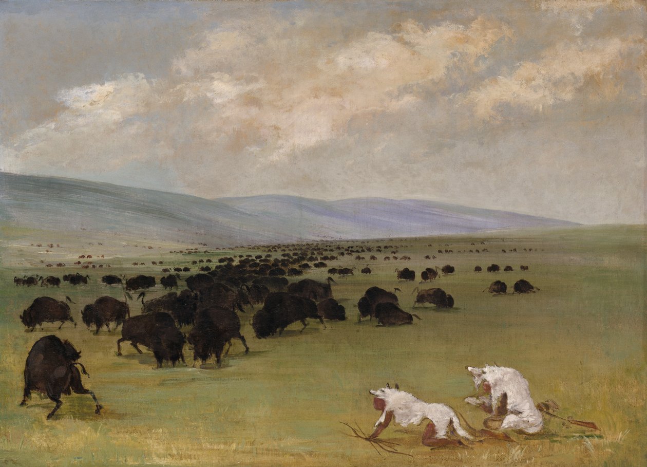 Catlin ja hänen intiaanioppaansa lähestyvät Buffaloa White Wolf Skinsin alla, 1846-1848. tekijältä George Catlin