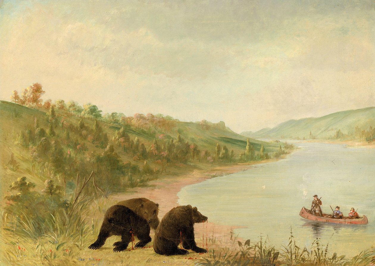 Catlin ja hänen miehensä kanootissa, kiireellisesti pyydetty tulemaan maihin, Ylä-Missouri, 1846-1848. tekijältä George Catlin