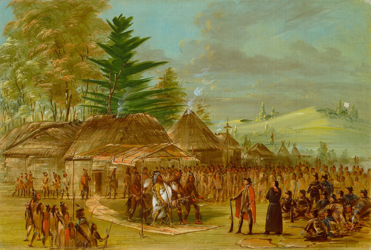 La Sallen vastaanottavien Taensa-intiaanien päällikkö, 18478 tekijältä George Catlin