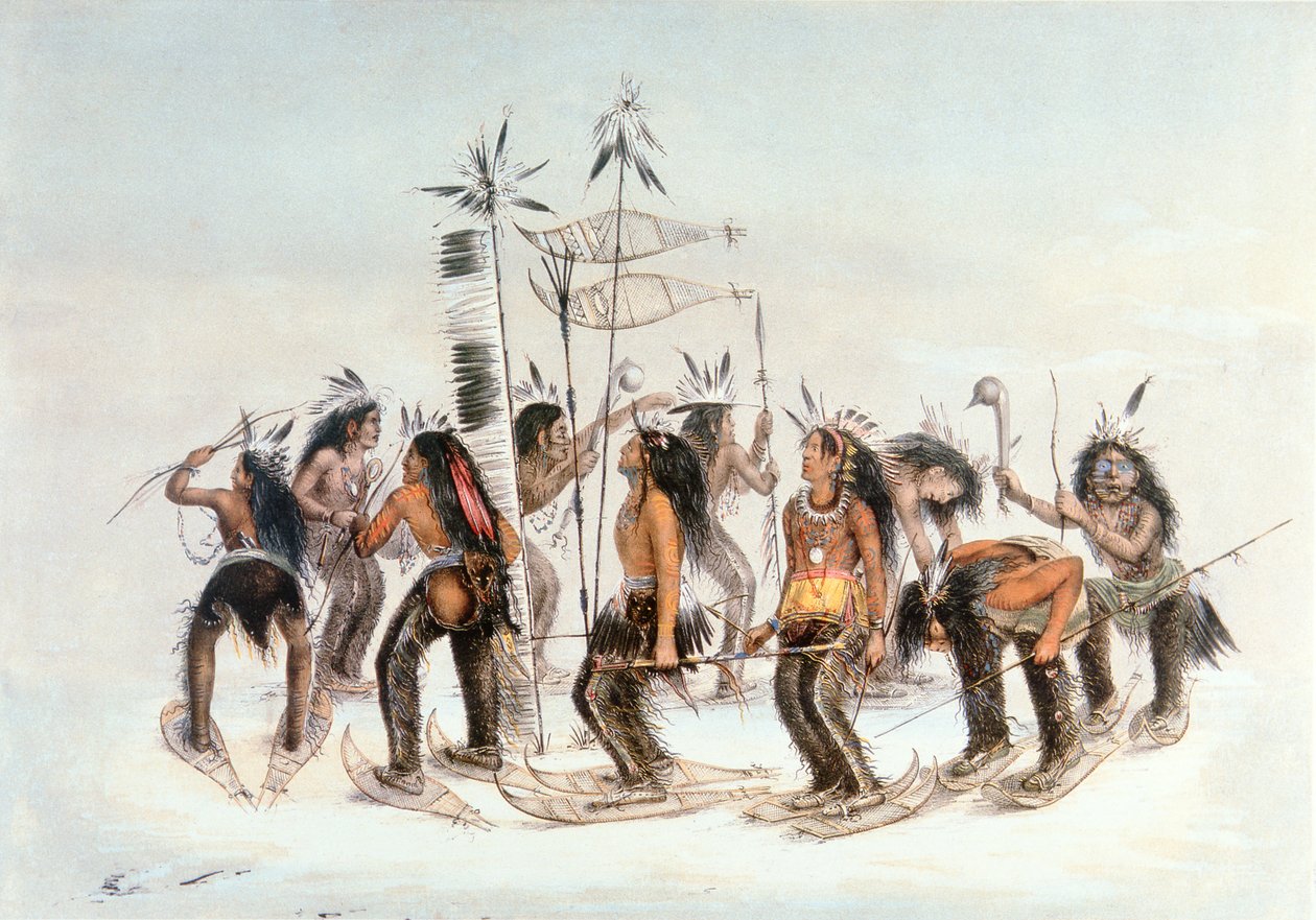 Chippewa Snowshoe Dance, n. 1835 (akvarelli paperille) tekijältä George Catlin