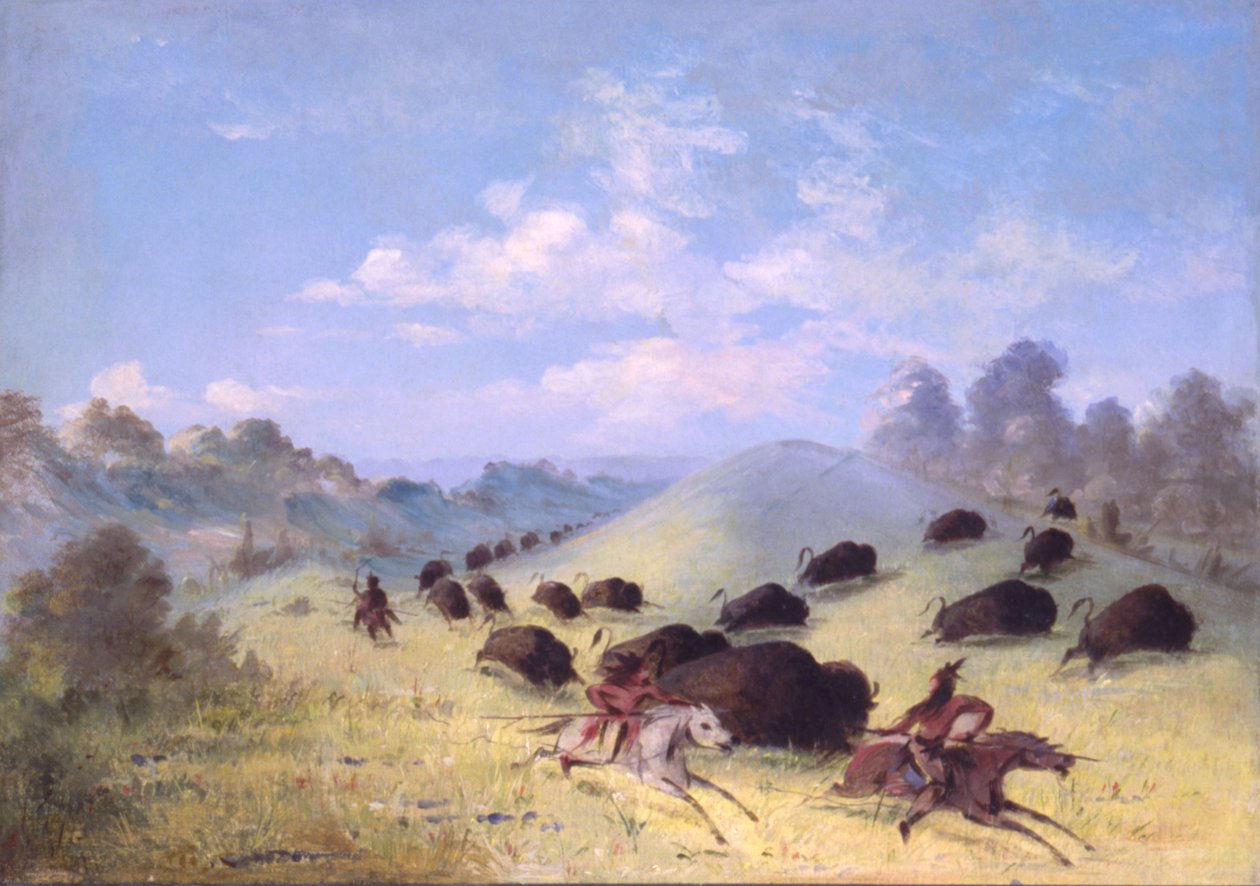 Comanche-intiaanit jahtaavat puhvelia keisien ja jousien kanssa, 1846-1848. tekijältä George Catlin