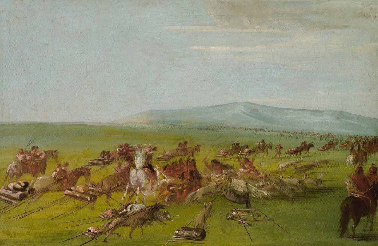 Comanche siirtymässä leiriin, koiratappelu matkalla tekijältä George Catlin