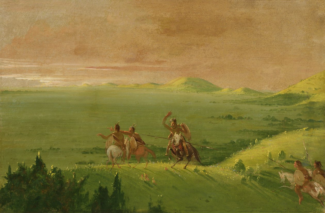 Comanche War Party, päällikkö, joka etsi vihollista ja kehotti miehiään auringonnousussa, 1834-1835. tekijältä George Catlin
