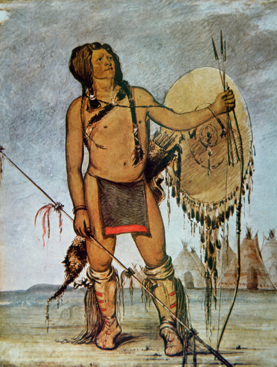 Comanche-soturi, jossa on kilpi, keihä, jousi ja nuolet, n. 1835 (väri litho) tekijältä George Catlin