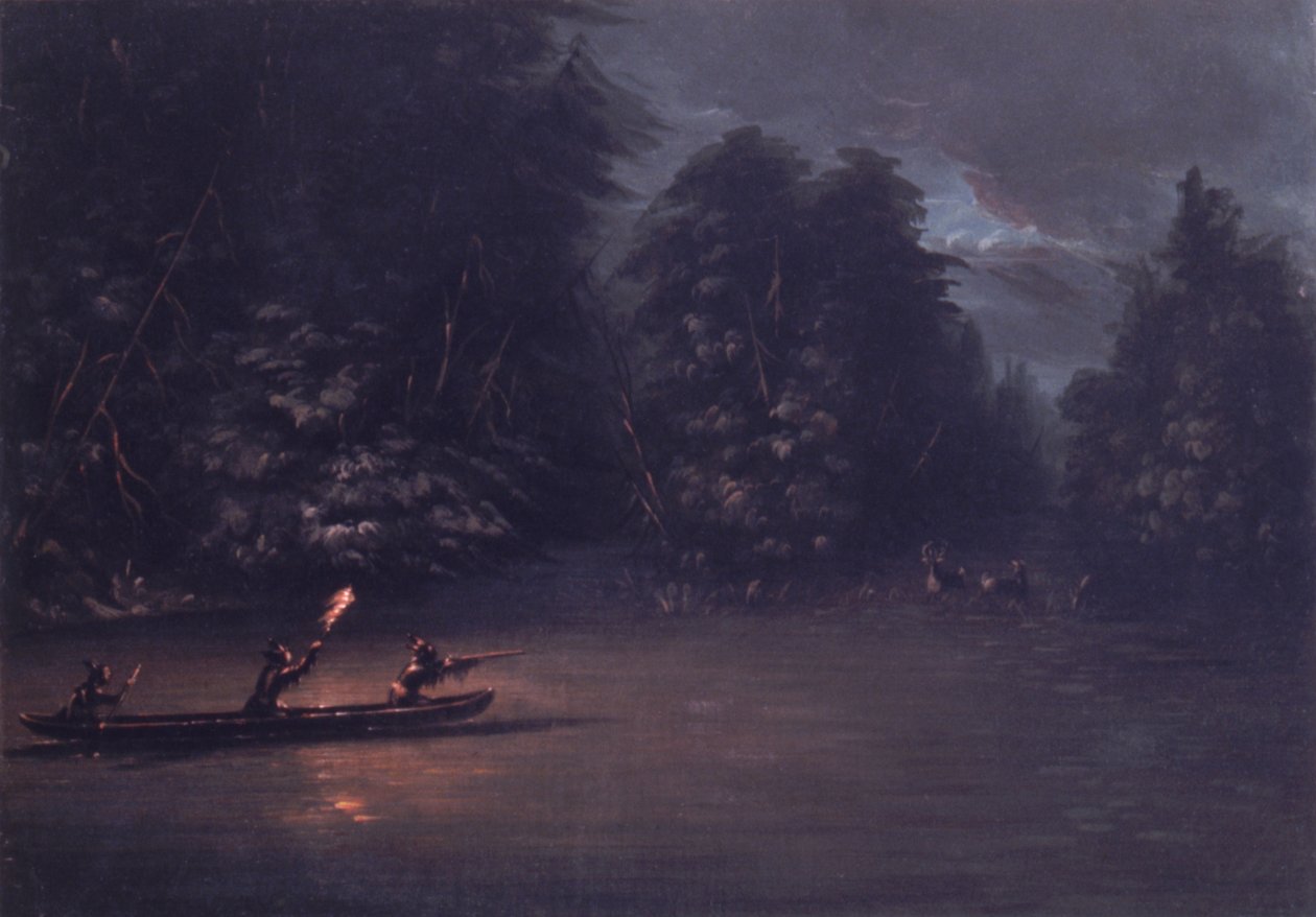 Hirvenmetsästys soihdunvalossa Bark Canoesissa, 1846-1848. tekijältä George Catlin