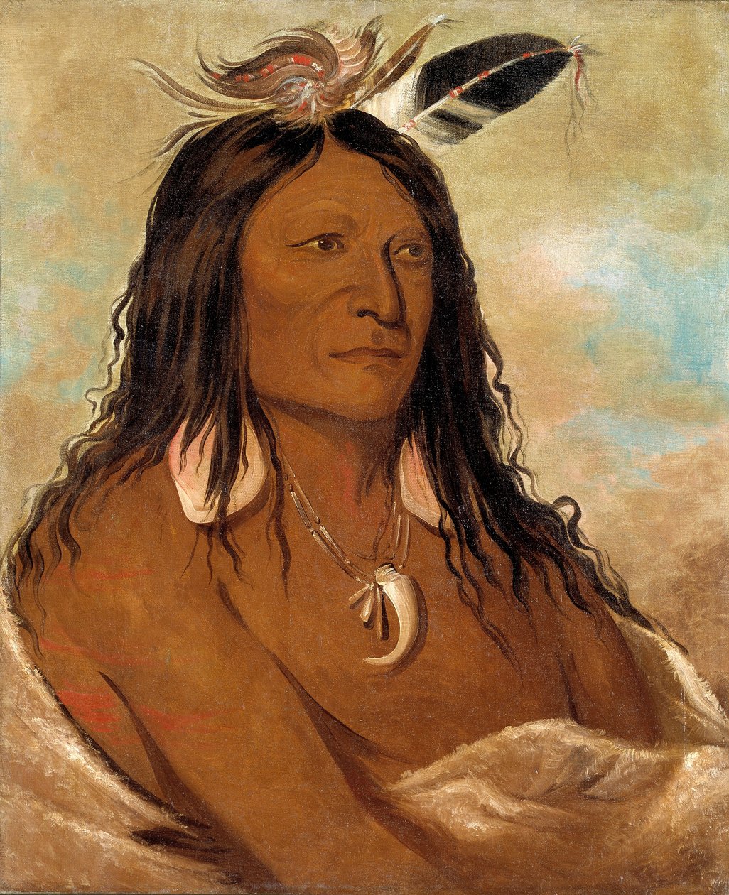 Eé-shah-kó-nee, jousi ja veitsi, heimon ensimmäinen päällikkö tekijältä George Catlin