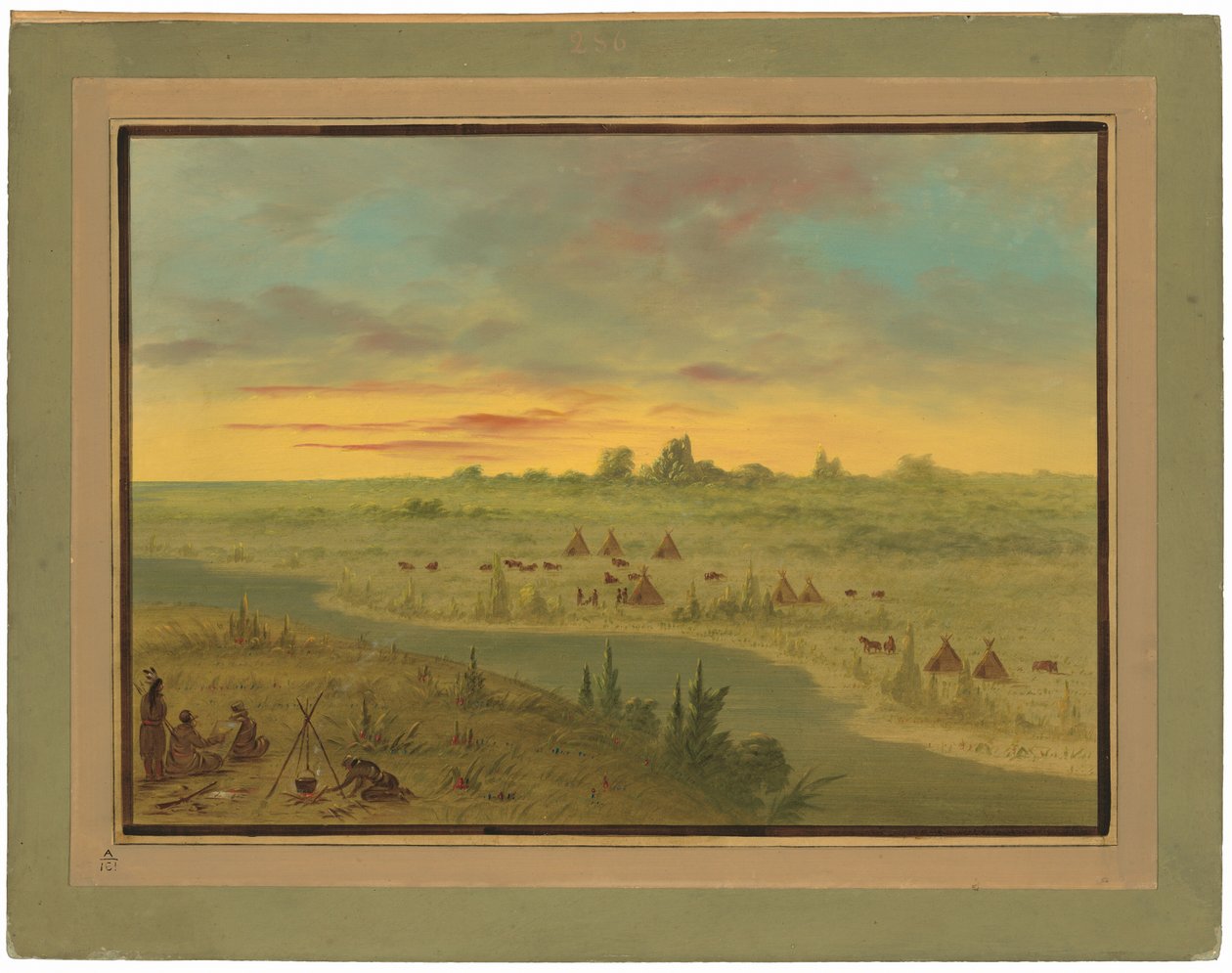 Pawnee-intiaanien leiriytys auringonlaskun aikaan tekijältä George Catlin