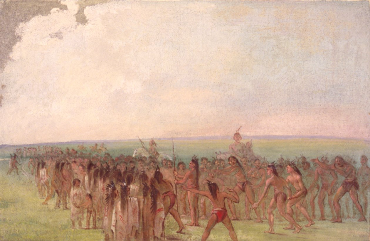 Juoksukilpailu Mandan-kylän takana tekijältä George Catlin