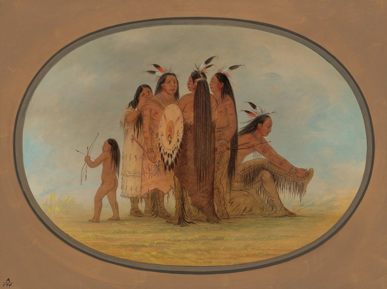 Neljä Mandan Warrioria, tyttö ja poika, 18611869. tekijältä George Catlin