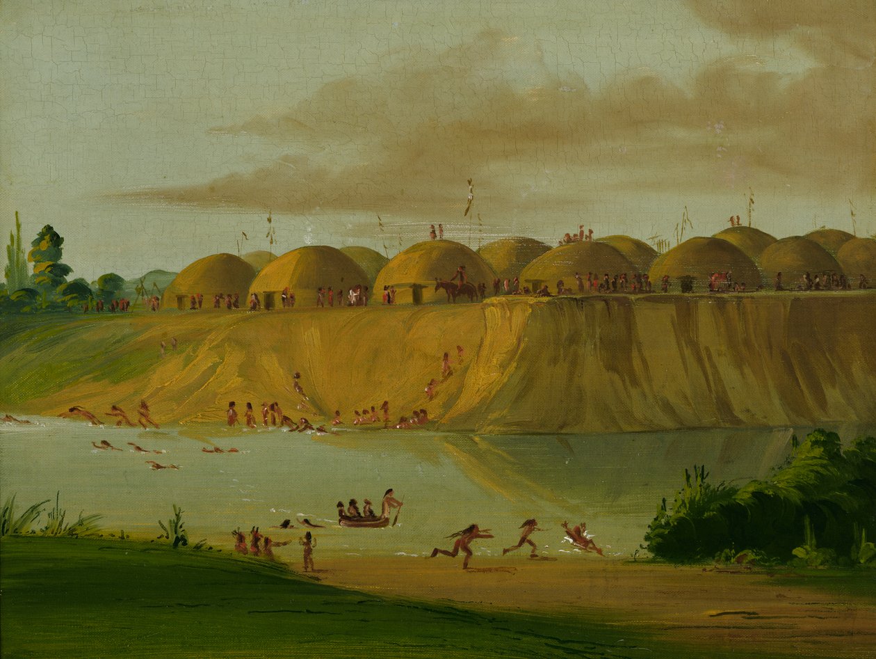 Hidatsan kylä, maan peittämät majat Knife-joen varrella, 1810 mailia St. Louisin yläpuolella, 1832. tekijältä George Catlin