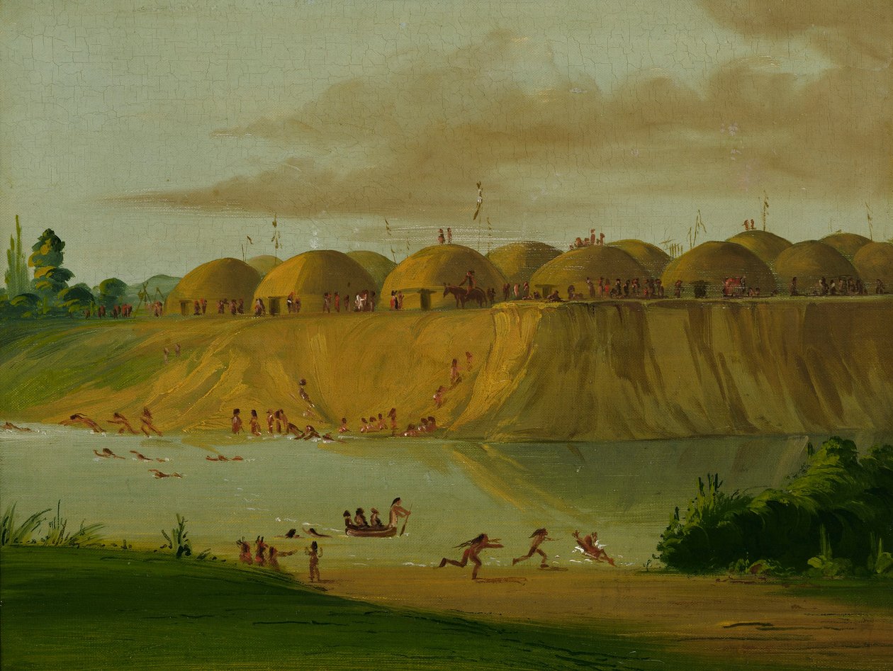 Hidatsa-kylä, maan peittämiä majoja, Knife-joen varrella, 1810 mailia St. Louisin yläpuolella. tekijältä George Catlin