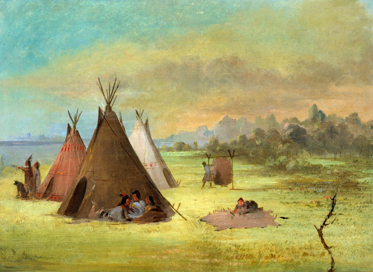 Indian Campment, Comanche tai Kiowa Dressing Skins, Red River, 1846-1848. tekijältä George Catlin