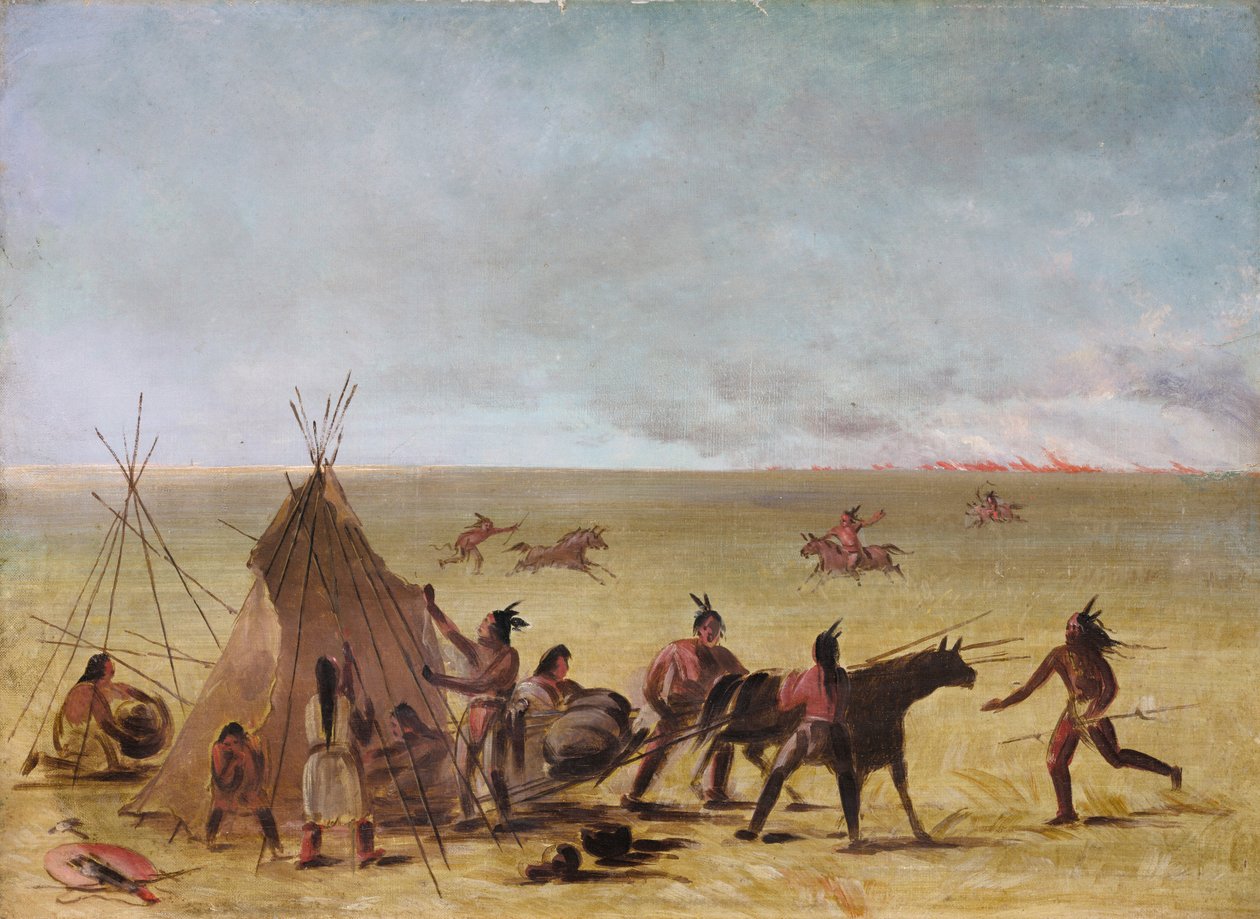 Intiaaniperhe hätääntynyt preeriapalon lähestyessä, 1846-1848. tekijältä George Catlin