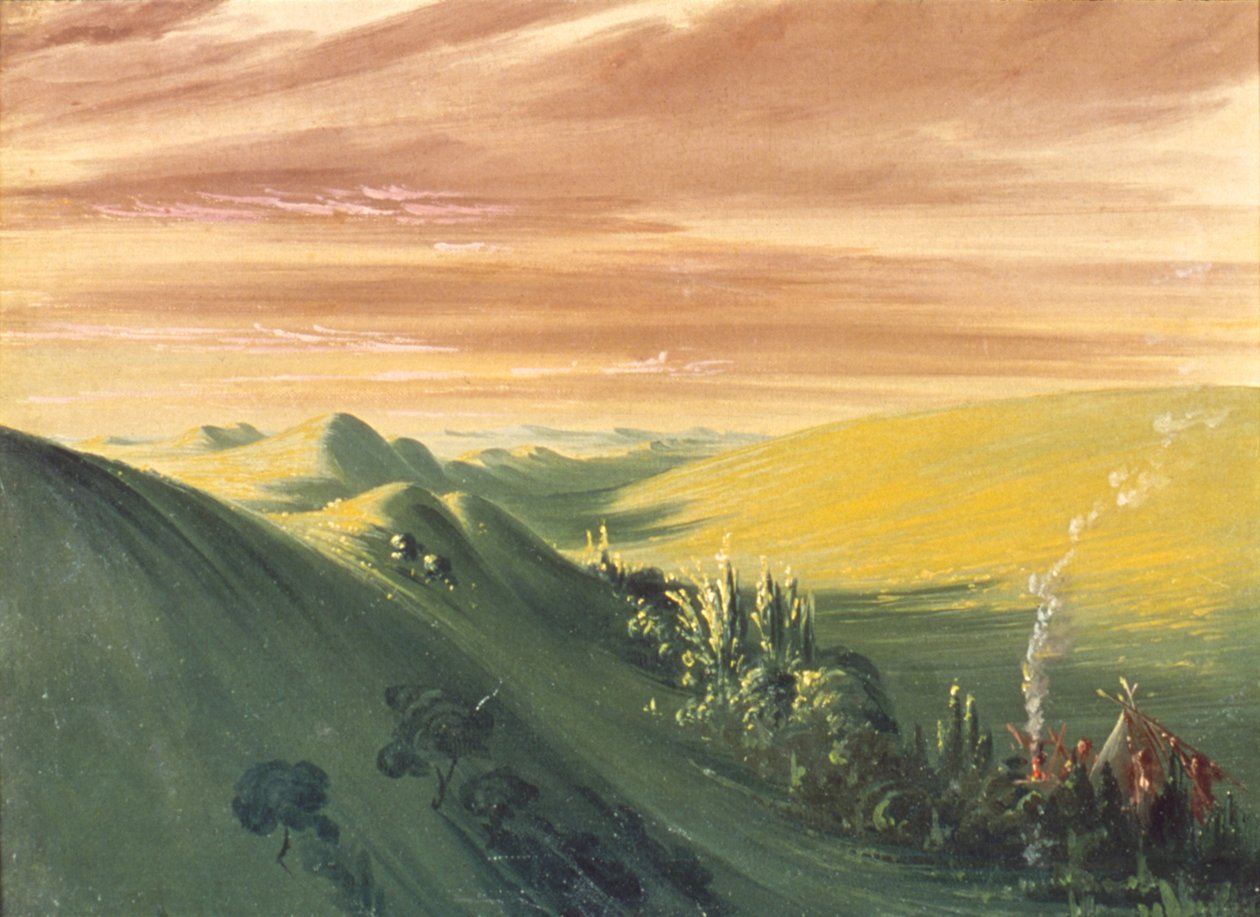 Intiaanit leiriytyvät auringonlaskun aikaan, Ylä-Missouri tekijältä George Catlin