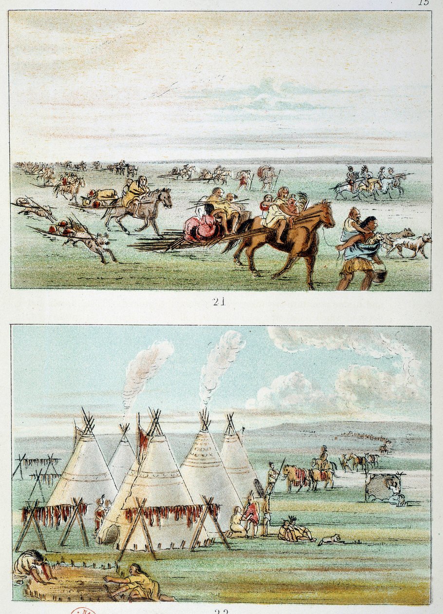 Amerikan intiaanit: myytävänä nahkojen kanssa liikkuva heimo. (Alhaalla) 500-600 tipin heimo. Kuvitus George Catlin (1794-1872) tekijältä George Catlin