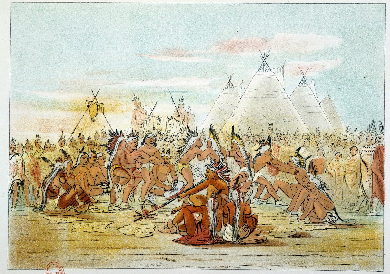 Amerikan intiaanit: Sioux-tanssia muistuttava assiniboin-heimo. Kuvitus George Catlin (1794-1872) tekijältä George Catlin