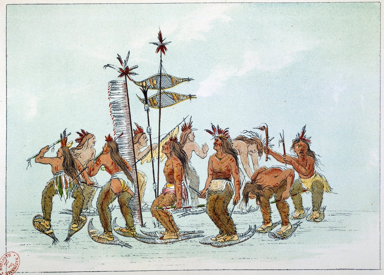 Amerikan intiaanit: Lumikengän tanssi Chippeway-heimossa. Kuvitus George Catlin (1794-1872) tekijältä George Catlin
