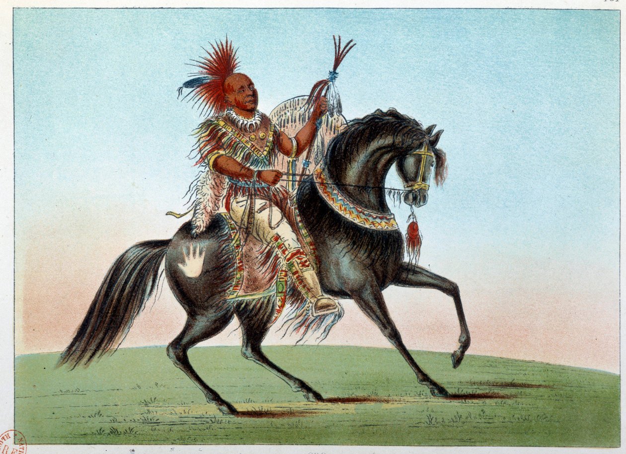 Amerikan intiaanit: Ratsastusmuotokuva Saksin ja Foxes-heimon intiaanipäälliköstä. Kuvitus George Catlin (1794-1872) tekijältä George Catlin