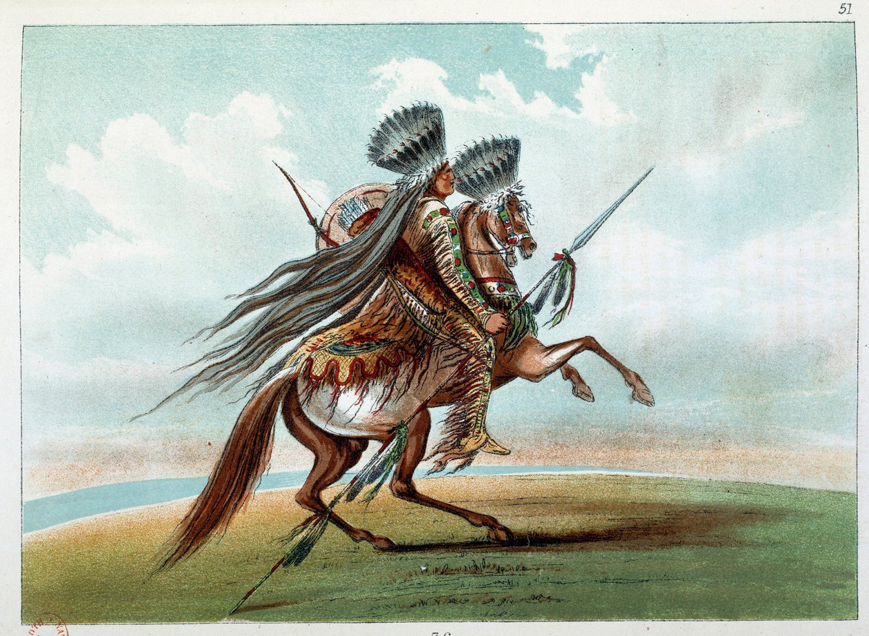 Amerikan intiaanit: Intiaaniminiatyyrit metsästämässä villihevosia Kalliovuorten juurella. Kuvitus George Catlin (1794-1872) tekijältä George Catlin
