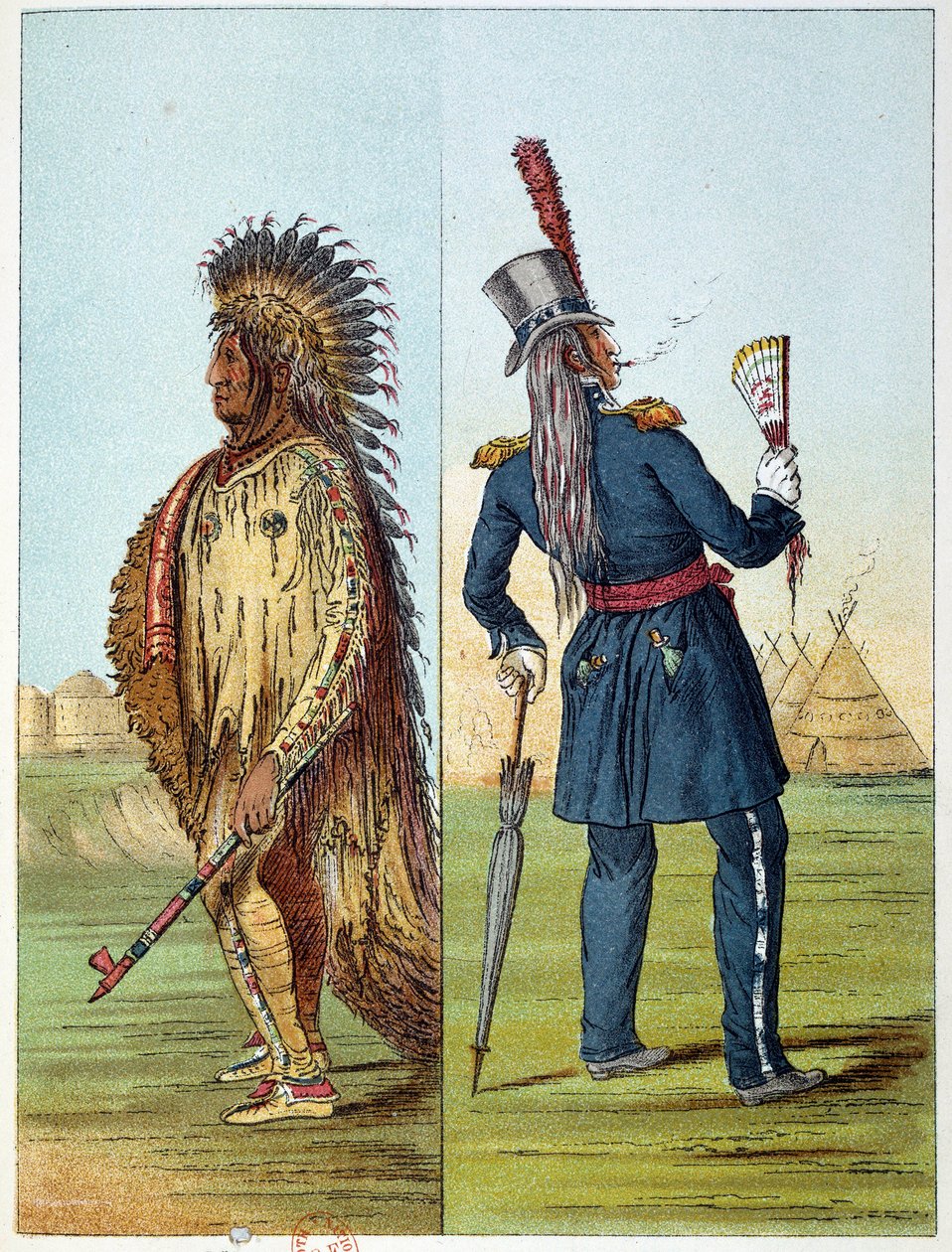 Amerikan intiaanit: Intian assiniboine-eläinlääkäri armeijassa taskussaan kaksi pulloa viskiä. Kuvitus George Catlin (1794-1872) tekijältä George Catlin