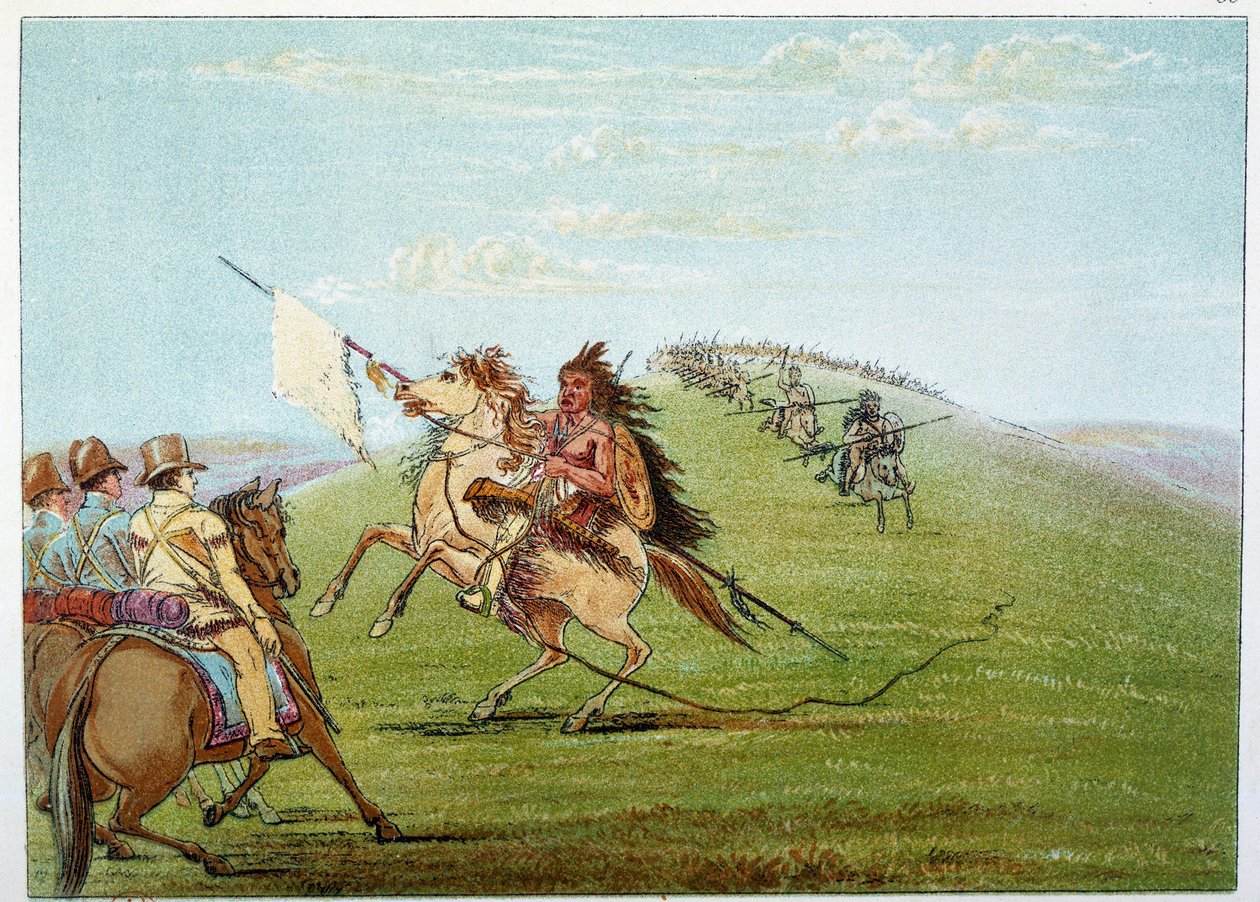 Amerikan intiaanit: Intiaanit käskivät armeijaa vastaan. Kuvitus George Catlin (1794-1872) tekijältä George Catlin
