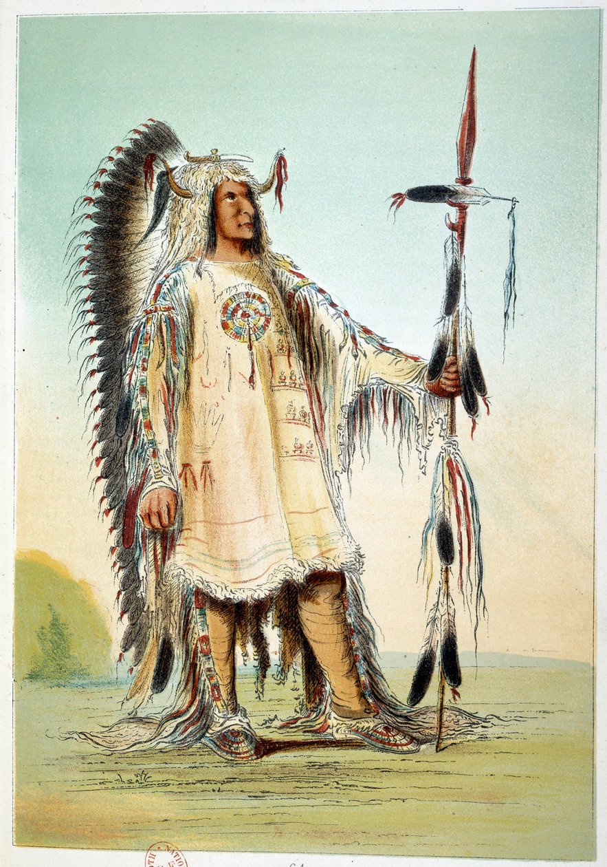 Amerikan intiaanit: Mah-To-Toh-Pa (Mah To Toh Pa), toisen mandanin päällikön puku. Kuvitus George Catlin (1794-1872) tekijältä George Catlin