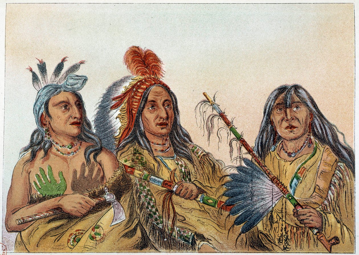 Amerikan intiaanit: Muotokuva Sioux-päälliköistä, joiden kilpailu oli jatkuvaa. Kuvitus George Catlin (1794-1872) tekijältä George Catlin