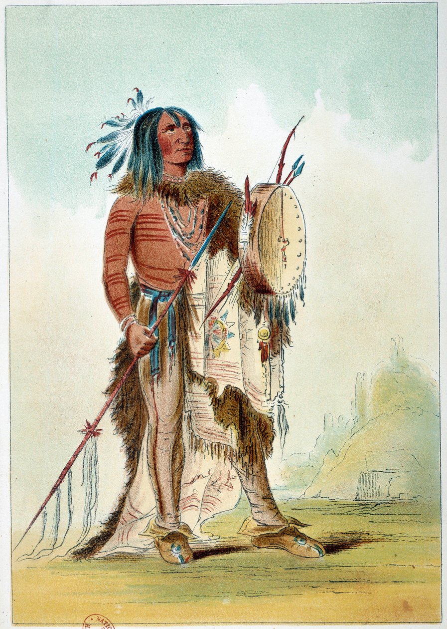 Amerikan intiaanit: Muotokuva intiaanipäälliköstä, josta tuli lääkäri, pitää hallussaan tam tamia (tam-tam), jossa on lääkkeet. Kuvitus George Catlin (1794-1872) tekijältä George Catlin