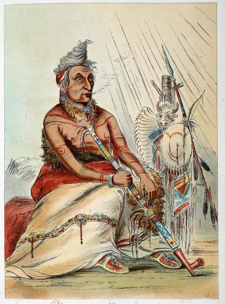 Amerikan intiaanit: Muotokuva vanhasta intialaisesta kokista, joka polttaa piippuaan nimeltä The Black Mocassin. Kuvitus George Catlin (1794-1872) tekijältä George Catlin