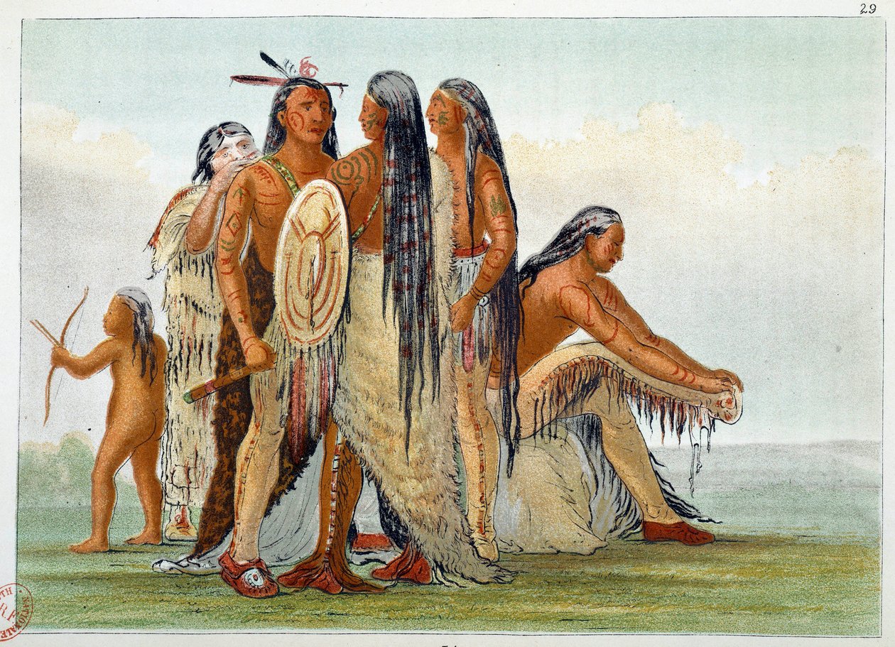 Amerikan intiaanit. Mandanit: Päällikkö San Ja Ka Ko Kah (San-Ja-Ka-Ko-Kah) ympäröi perheensä kanssa. Kaiverrus George Catlin (1794-1872) tekijältä George Catlin