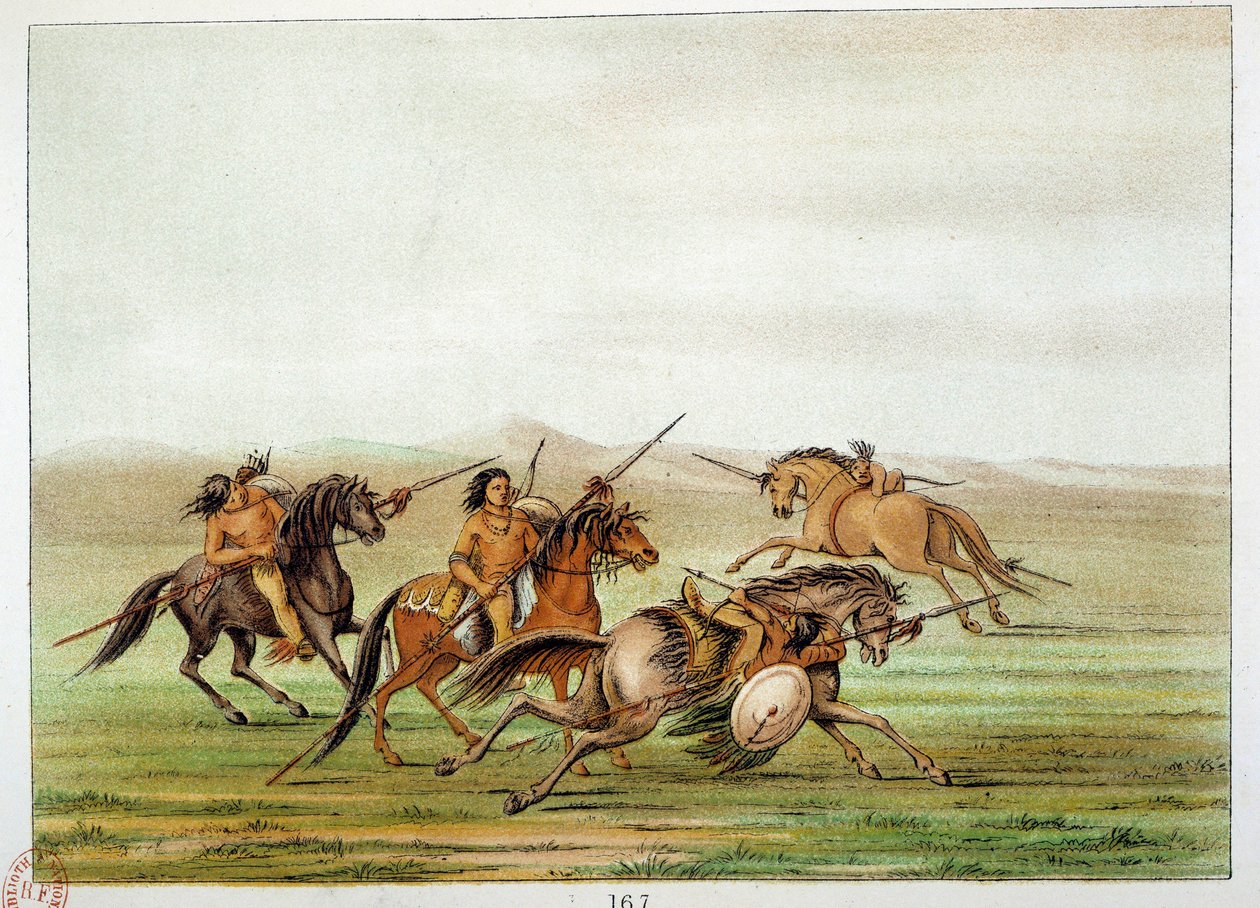 Amerikan intiaanit: Warriors Commanderit harjoittelevat hevosen selässä. Kuvitus George Catlin (1794-1872) tekijältä George Catlin