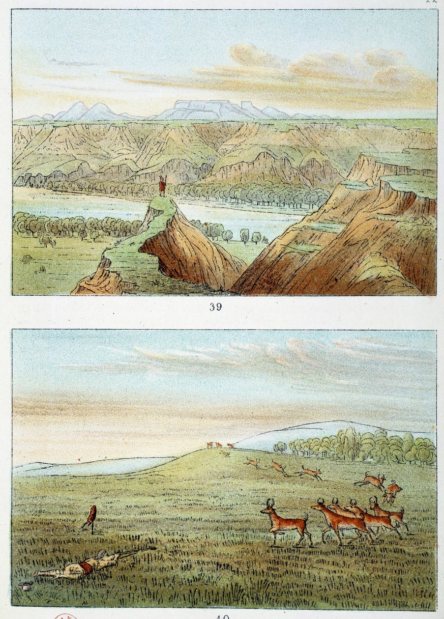Amerikan intiaanit: antiloopin metsästys George Catlinin (1794-1872) kaiverrus tekijältä George Catlin