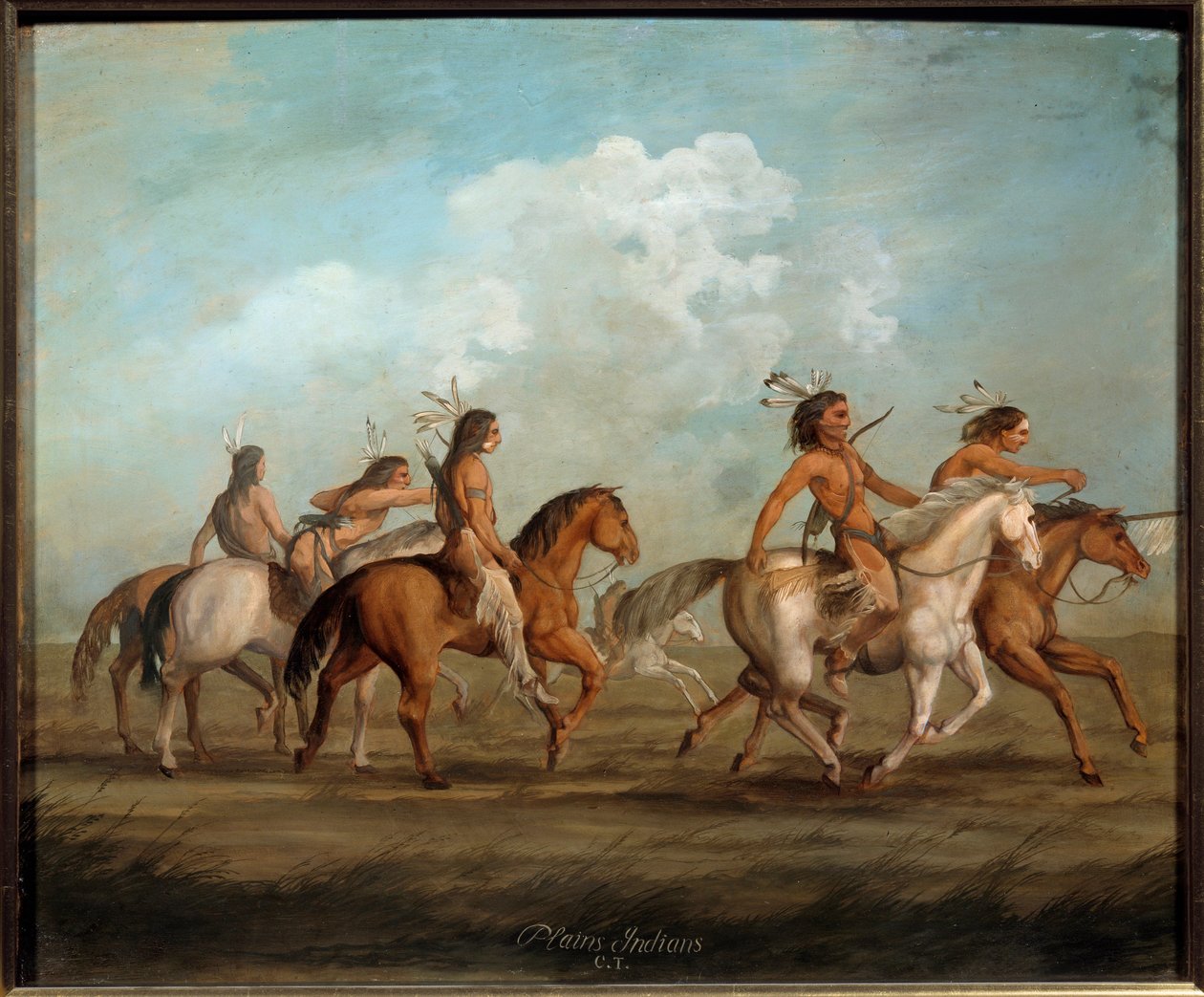 Amerikan intiaanit hevosen selässä George Catlinin (1794-1872) maalaus (ec. bitter.) 1800-luvun La Rochelle, Musee du Nouveau Monde - Amerikan intiaanit hevosen selässä. George Catlinin (1794-1872) maalaus (amerikkalainen koulukunta) tekijältä George Catlin