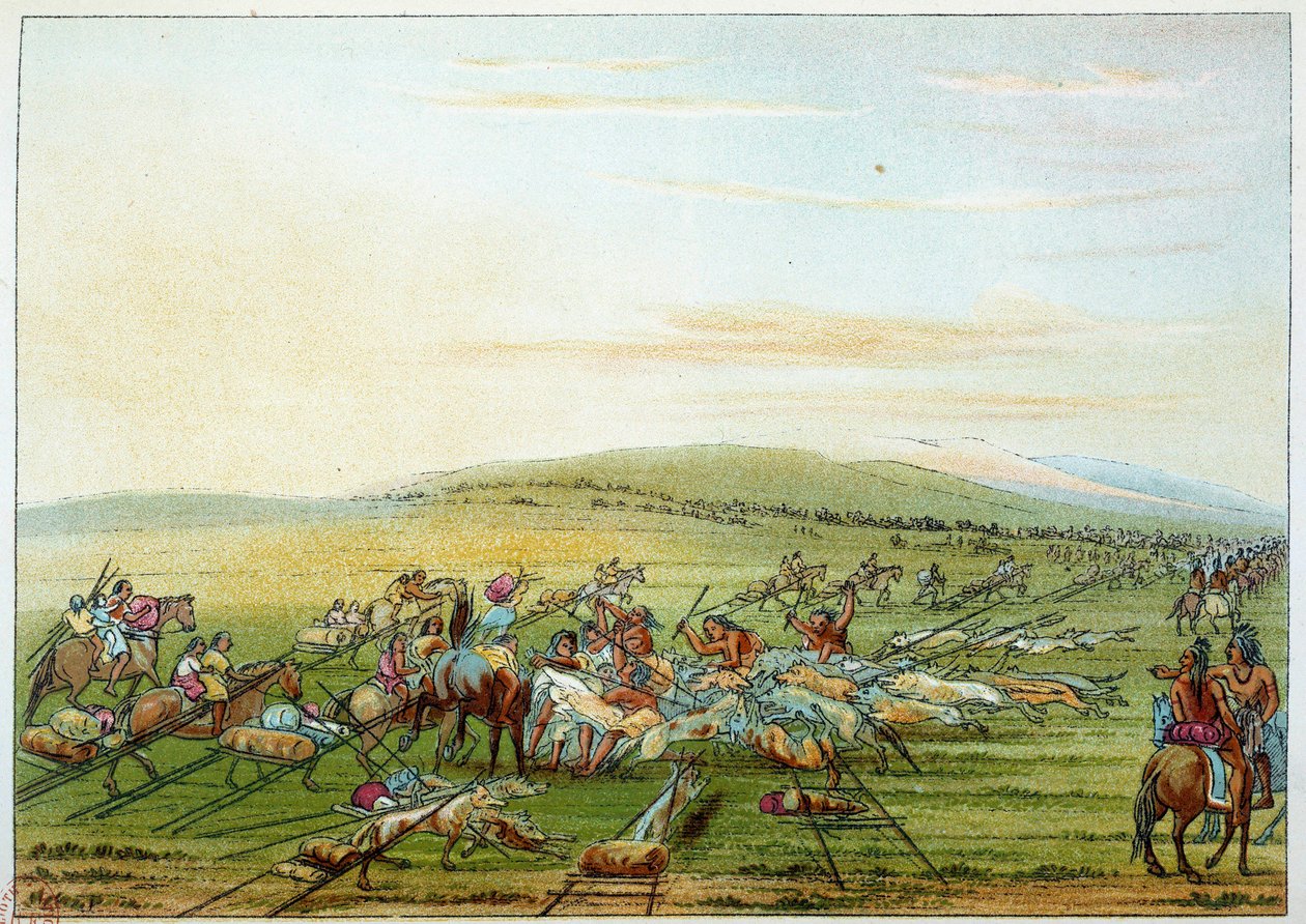 Amerikan intiaanit: intiaanien heimo, jolla on hevosia ja koiria. Kuvitus George Catlin (1794-1872) tekijältä George Catlin