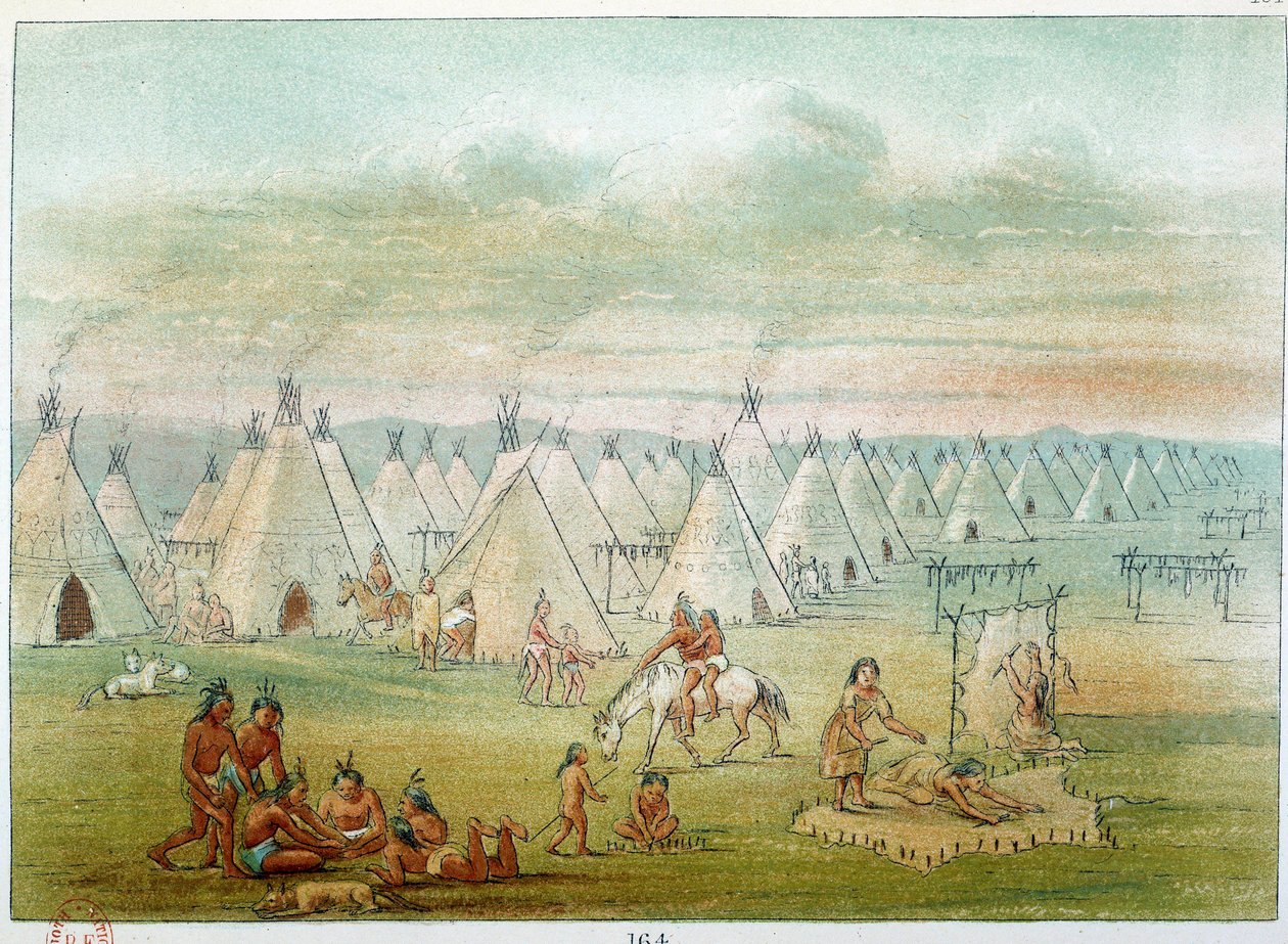 Amerikan intiaanit: kylätalo, teltat on tehty biisoninahoista. Kuvitus George Catlin (1794-1872) tekijältä George Catlin