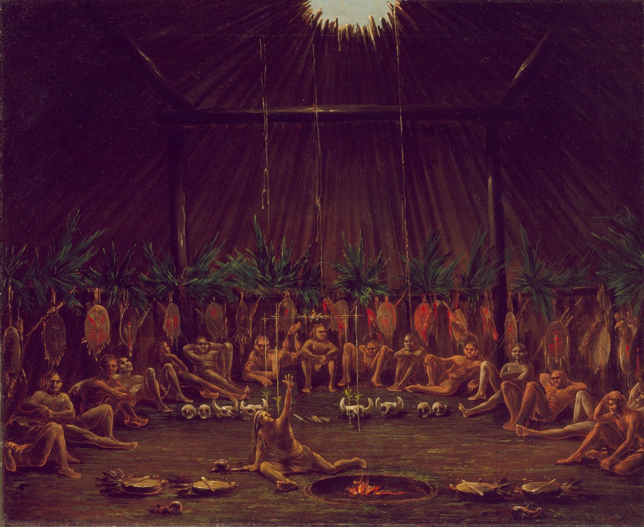 Sisäkuva Medicine Lodge, Mandan O-kee-pa seremoniaa varten tekijältä George Catlin