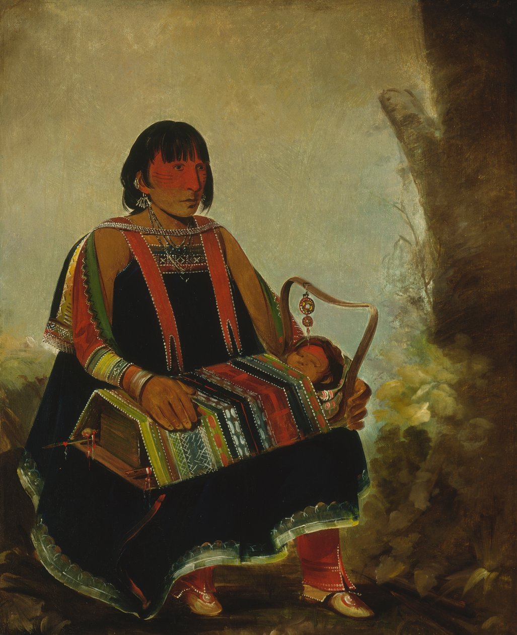 Jú-ah-kís-gaw, Nainen lapsensa kehdossa, 1835. tekijältä George Catlin