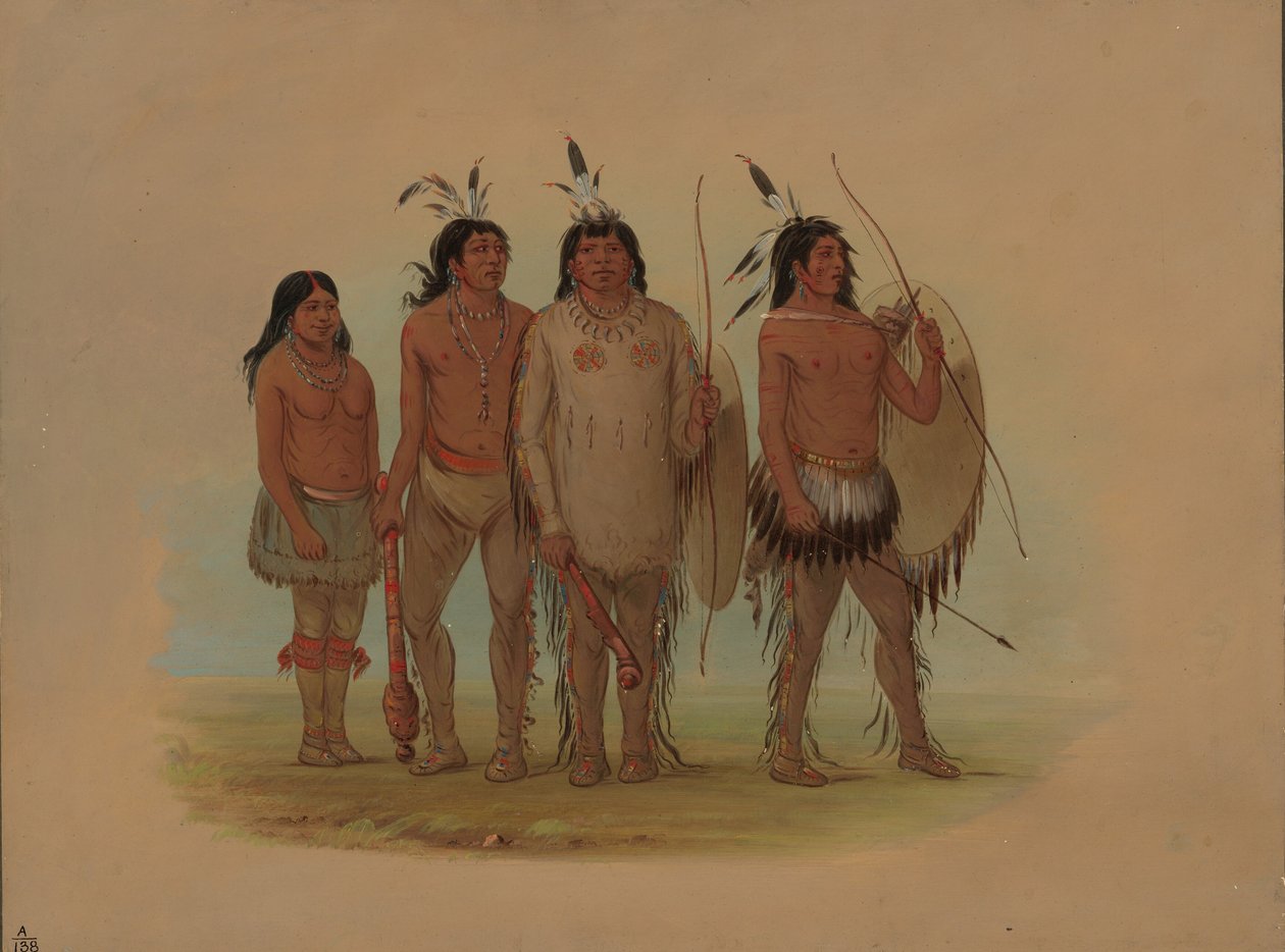 Kiowan päällikkö, hänen vaimonsa ja kaksi soturia, 18611869. tekijältä George Catlin