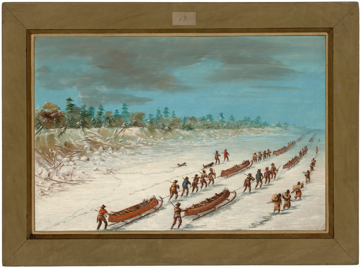 La Salle ylittää Michiganjärven jäällä.  8. joulukuuta 1681 tekijältä George Catlin