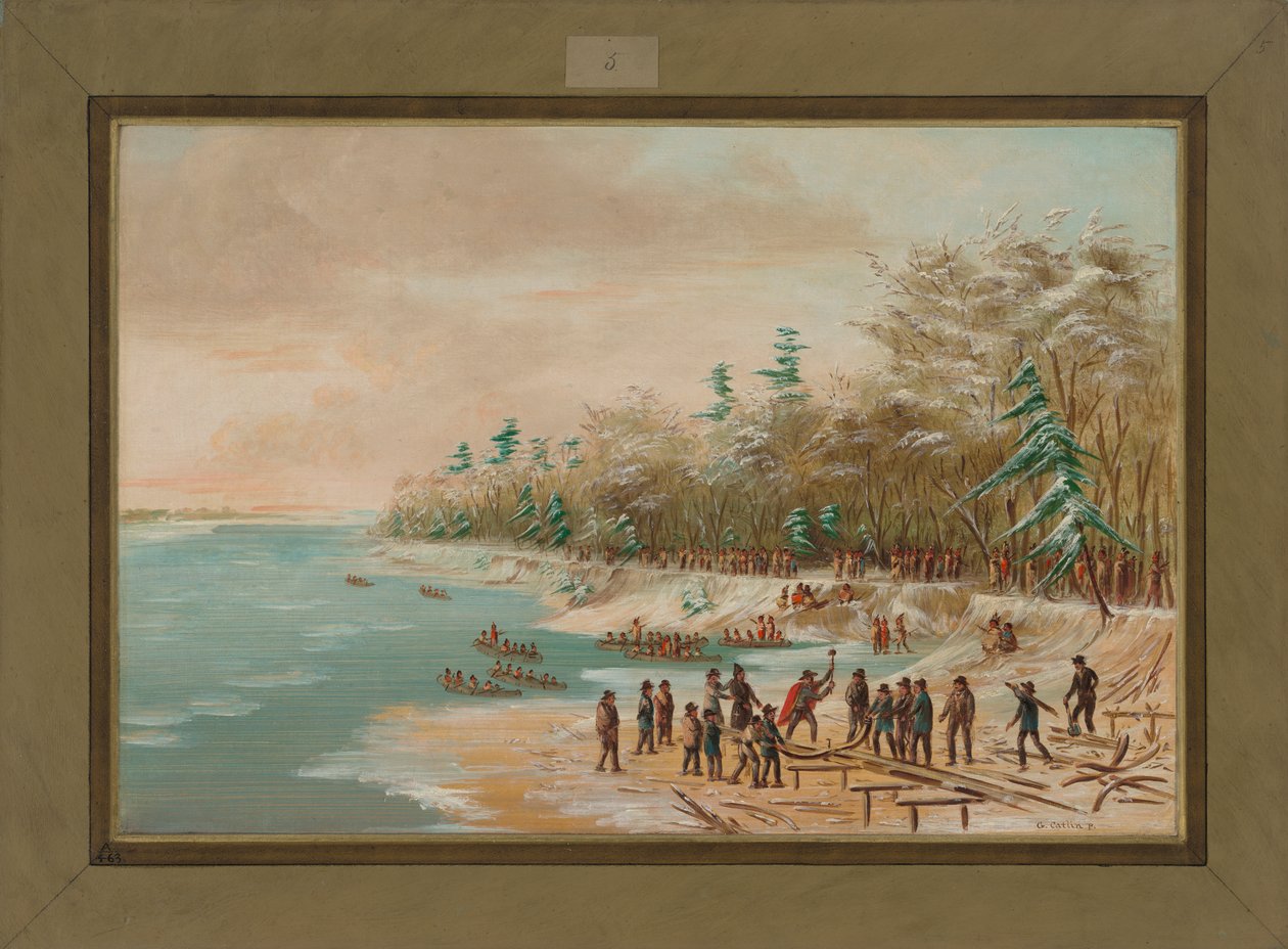 La Salle ajamassa ensimmäistä pulttia Griffinille, 26. tammikuuta 1679, 1847-48 tekijältä George Catlin
