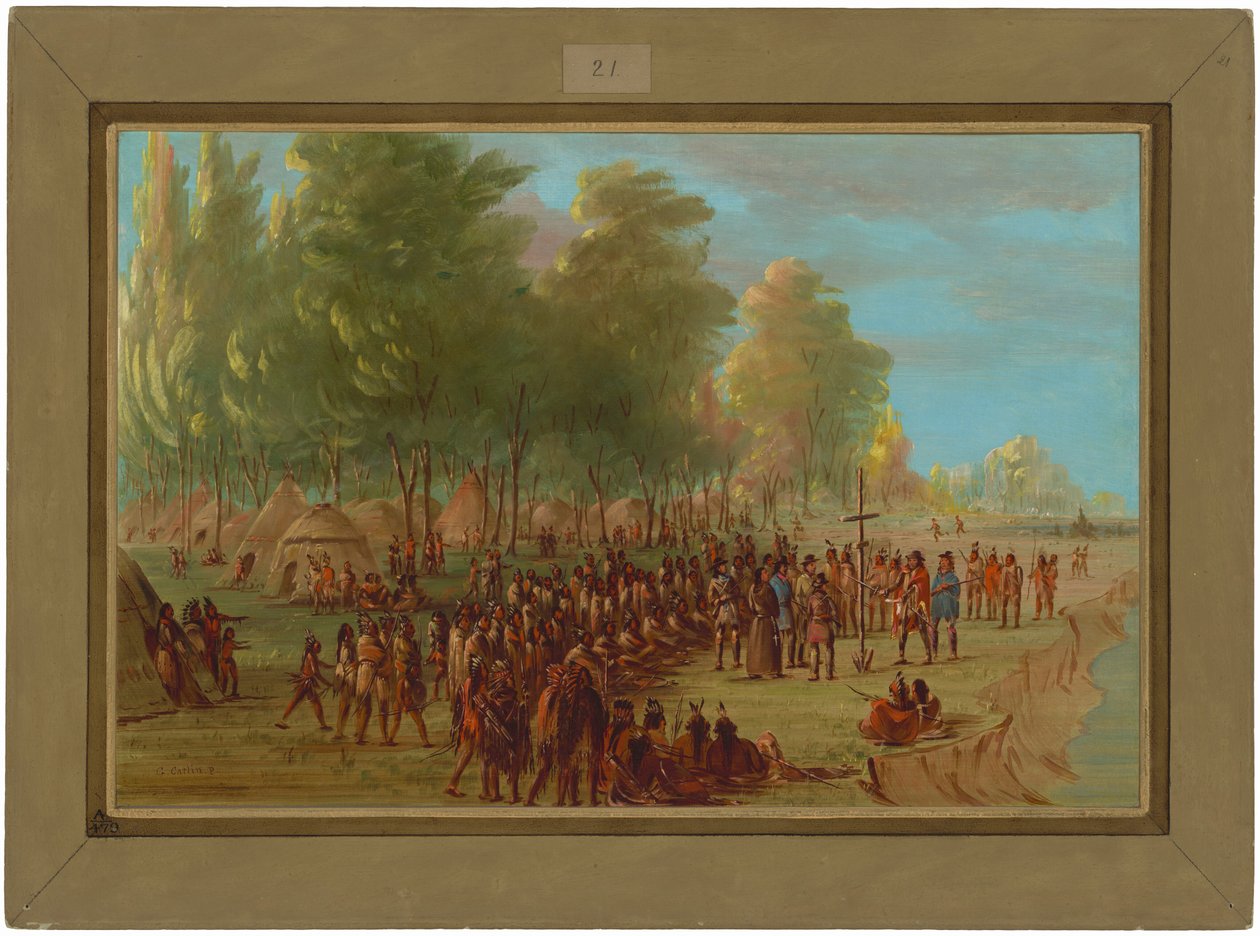 La Salle pystyttää ristin ja ottaa maan haltuunsa. Maaliskuu 25, 1682 tekijältä George Catlin