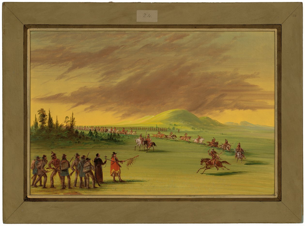 La Salle kohtaa Cenis-intiaanien sotajoukon Teksasin preerialla.  25. huhtikuuta 1686 tekijältä George Catlin