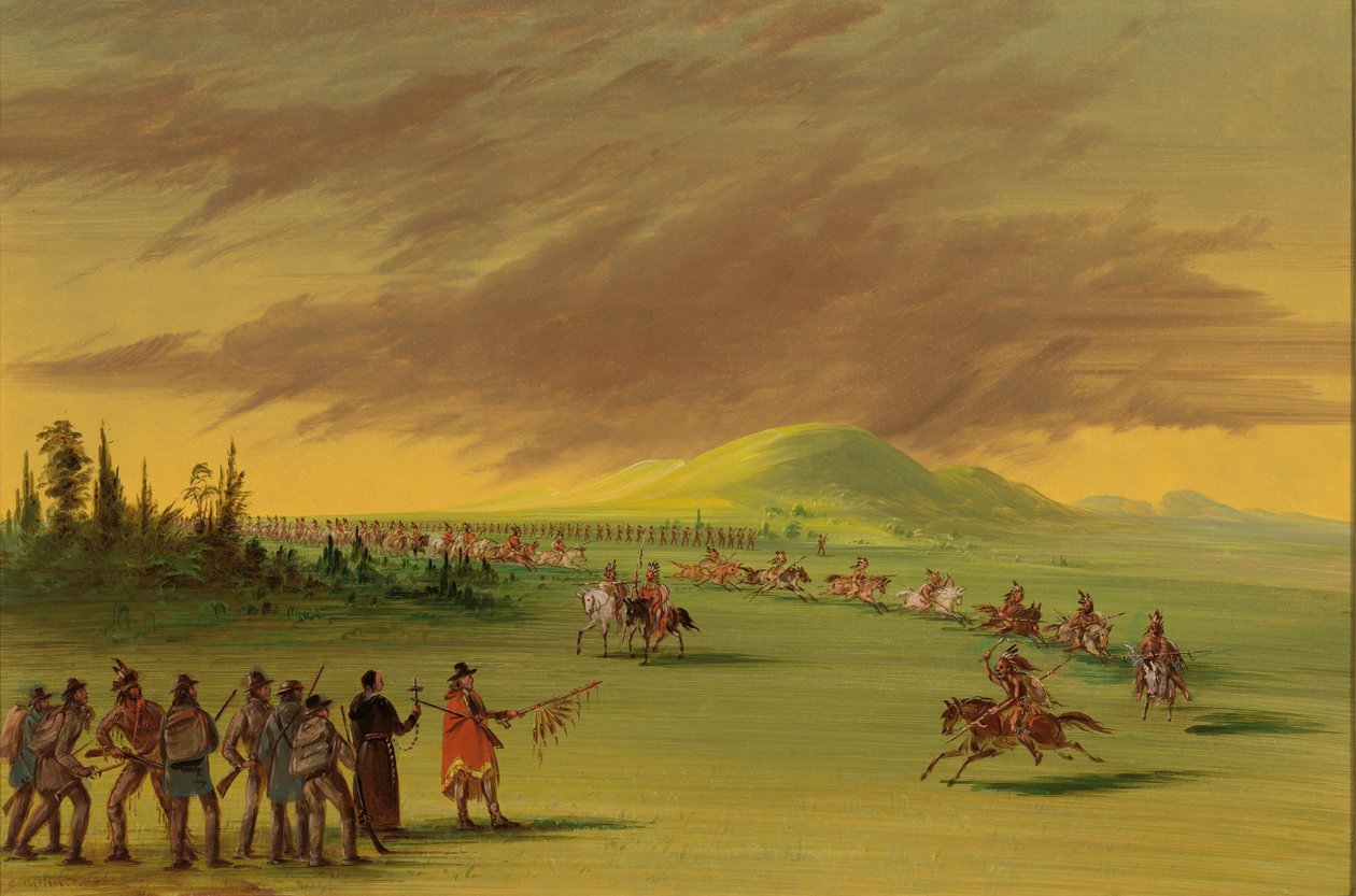 La Salle tapaa Cenis-intiaanien sotapuolueen Texasin preerialla. 25. huhtikuuta 1686, 18471848. tekijältä George Catlin