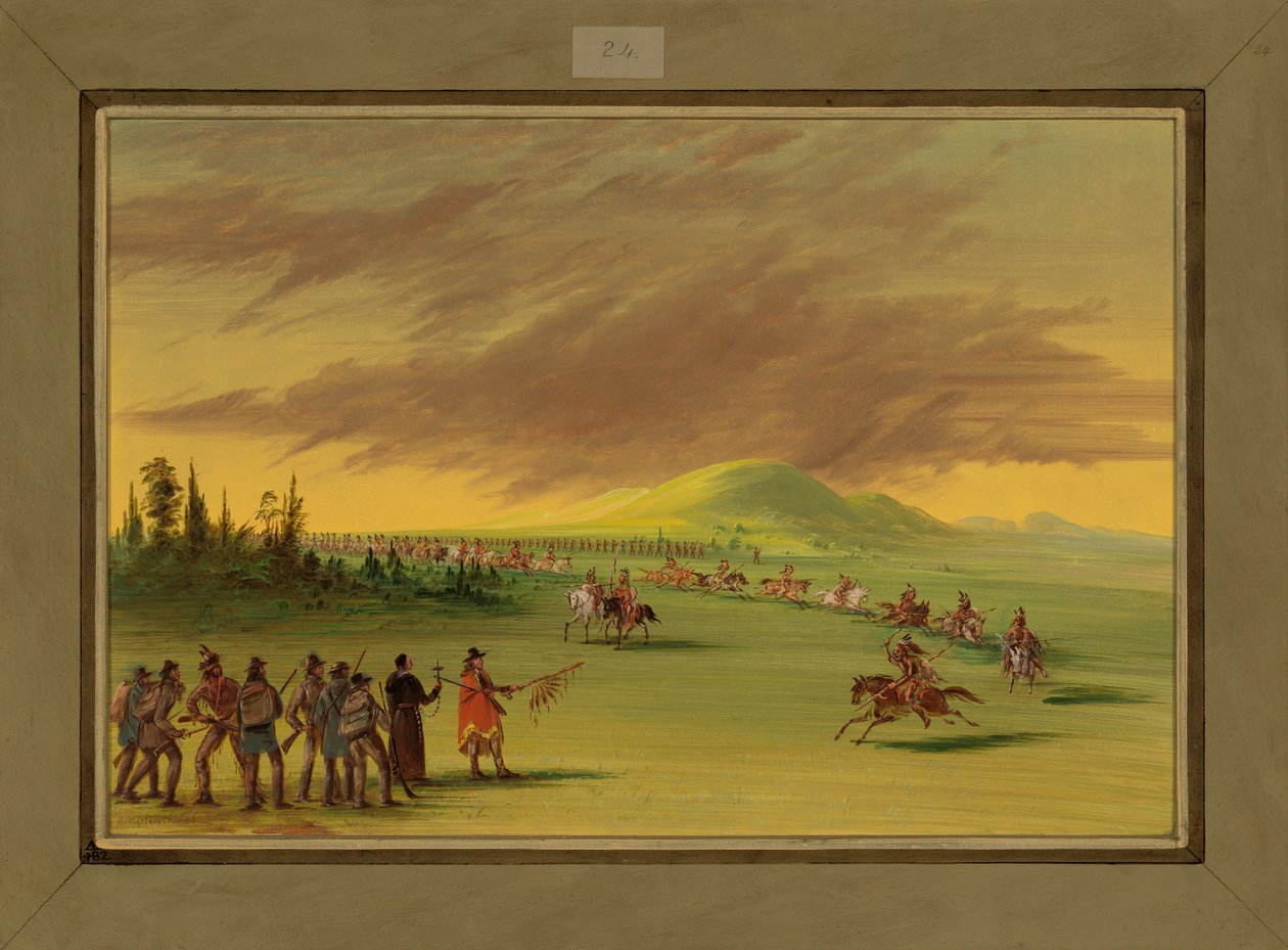 La Salle tapaa Cenis-intiaanien sotapuolueen Texasin preerialla, 25. huhtikuuta 1686, 1847-48 tekijältä George Catlin